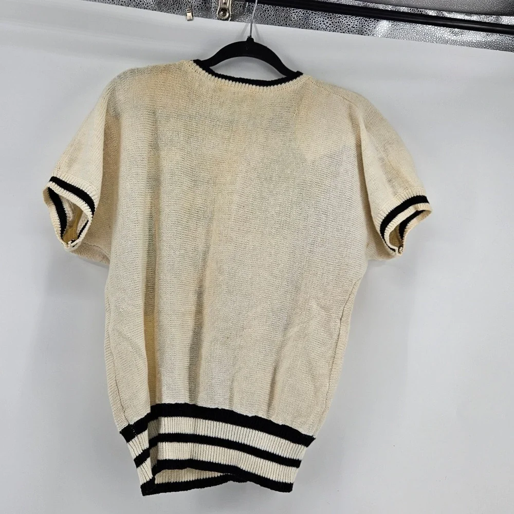 Vintage Short Sleeve Knit Sweater Floral Striped Cream M Granny Artsy Maximalist
